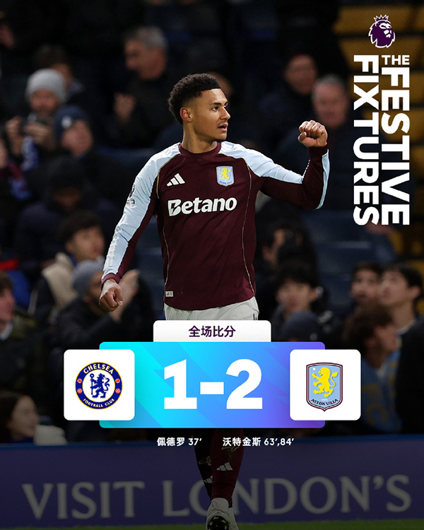 英超-阿斯顿维拉2-1逆转切尔西 沃特金斯替补双响